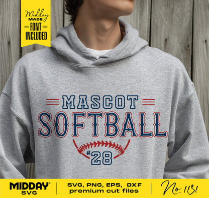 Gray hoodie with custom softball team logo design from SVG cut file, featuring 'Mascot Softball #28', ideal for Cricut and Silhouette.