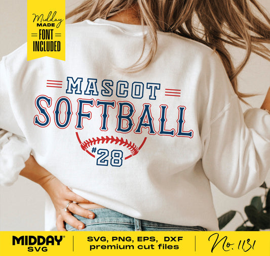 Woman wearing a shirt with 'Mascot Softball #28' design, ideal for DIY Cricut and Silhouette projects, includes SVG, PNG, EPS, DXF files.