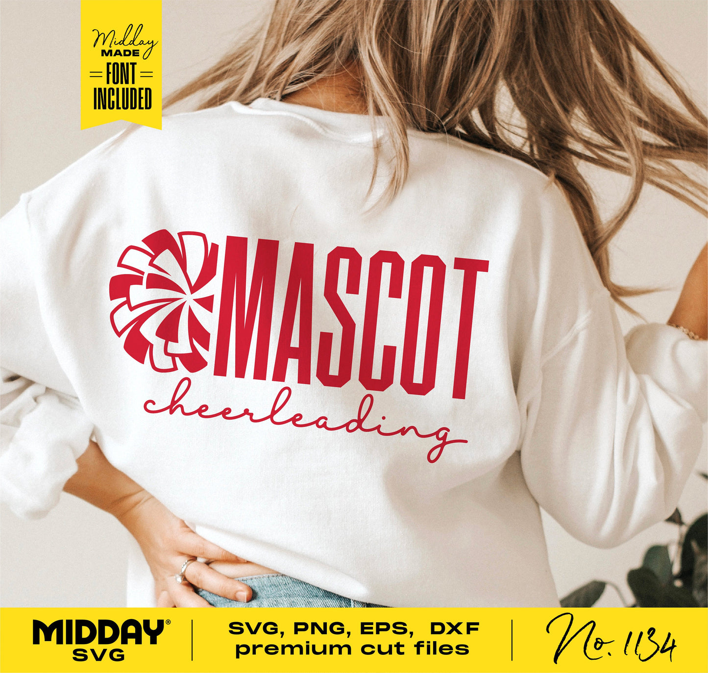Back view of white shirt with red "Mascot Cheerleading" text, ideal for cheerleading designs in SVG, PNG, EPS, and DXF formats. Font included.