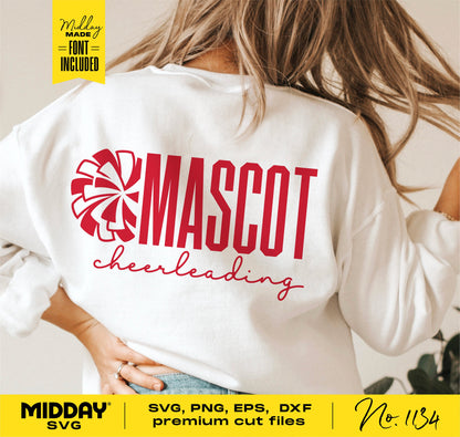 Back view of white shirt with red "Mascot Cheerleading" text, ideal for cheerleading designs in SVG, PNG, EPS, and DXF formats. Font included.