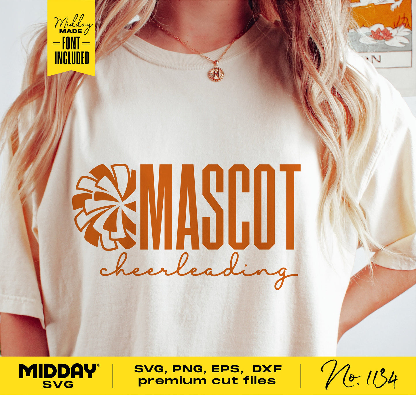 Cheerleader wearing a t-shirt with 'Mascot Cheerleading' design, featuring pom-poms. Available in SVG, PNG, EPS, DXF for Cricut designs.