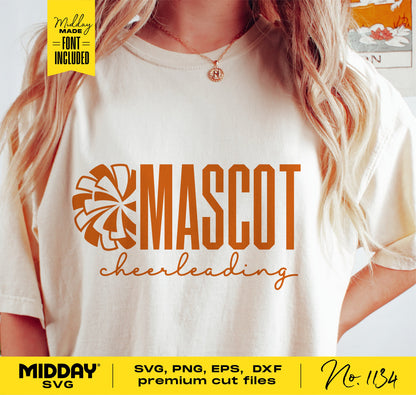 Cheerleader wearing a t-shirt with 'Mascot Cheerleading' design, featuring pom-poms. Available in SVG, PNG, EPS, DXF for Cricut designs.