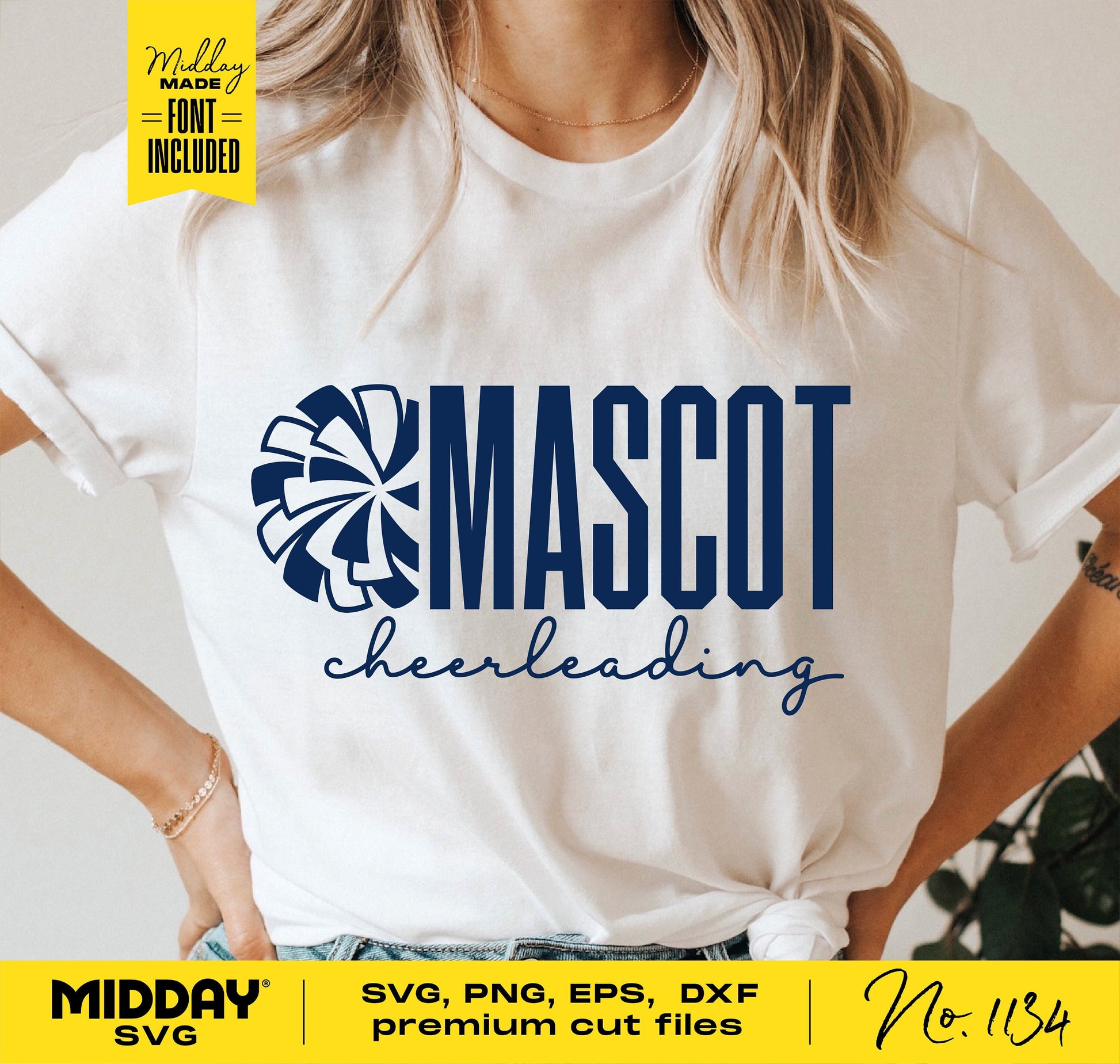 Cheerleading shirt with 'Mascot Cheerleading' design, SVG PNG EPS DXF files for Cricut, cheer team template, design No. 1134.