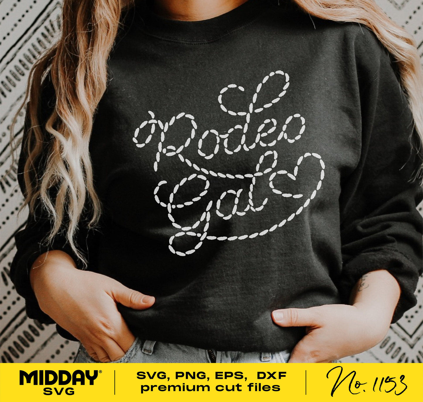 Rodeo Gal SVG design on black sweatshirt, featuring rope script style, suitable for Cricut and Silhouette, premium cut files.