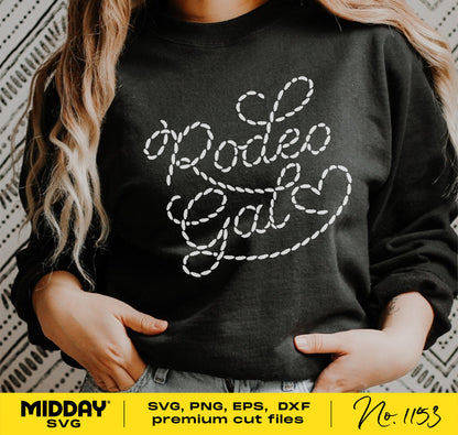 Rodeo Gal SVG design on black sweatshirt, featuring rope script style, suitable for Cricut and Silhouette, premium cut files.