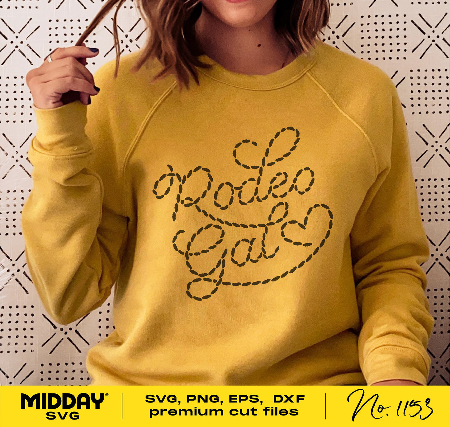 Woman wearing a yellow sweatshirt with decorative 'Rodeo Gal' text, featuring rope script style, ideal for Western and cowgirl-themed projects.