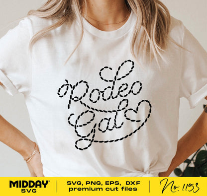 White t-shirt featuring 'Rodeo Gal' lasso script design, available as SVG, PNG, EPS, DXF cut files for Cricut and Silhouette.