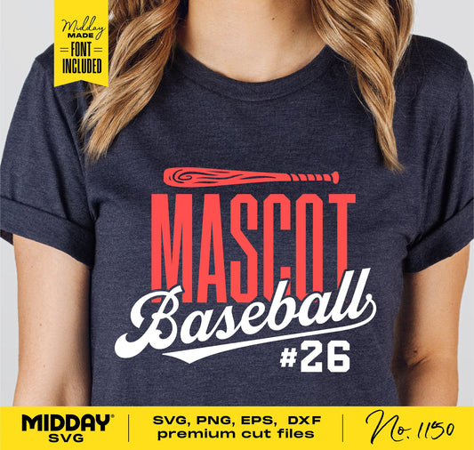 Mascot baseball shirt design with bat graphic, ideal for Cricut and Silhouette projects. Includes SVG, PNG, EPS, DXF formats.