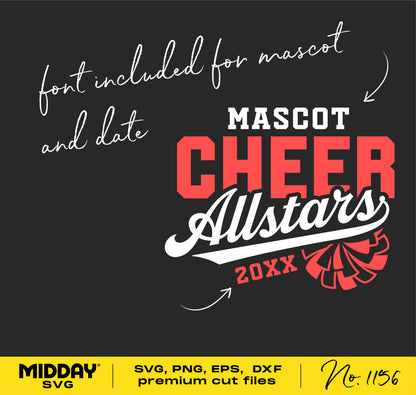 Cheer Allstars SVG PNG design template for DIY cheerleading team shirts, includes font for mascot and date customization.