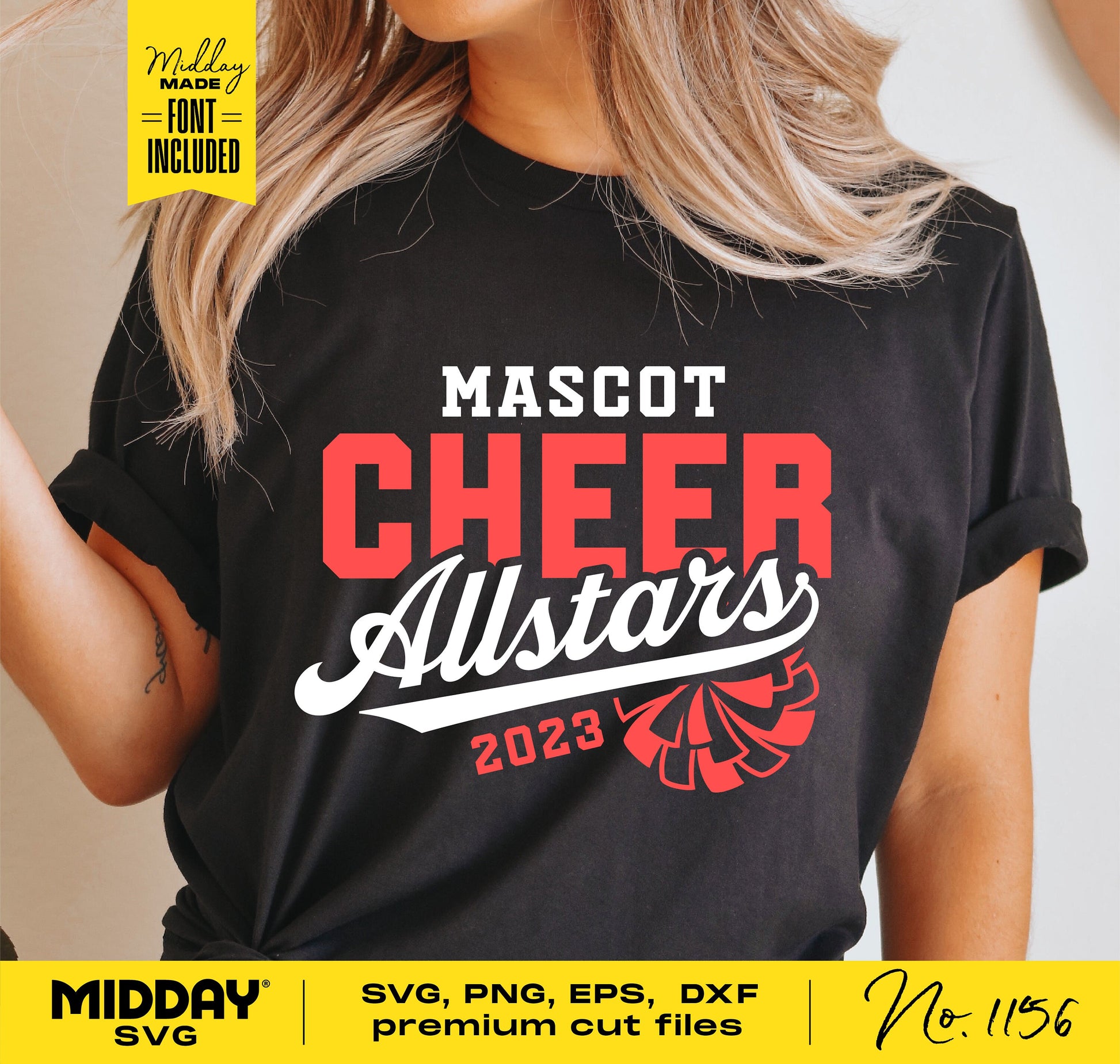 Black shirt with 'Mascot Cheer Allstars 2023' print, includes SVG, PNG, EPS, DXF files and font for crafting with Cricut or Silhouette.