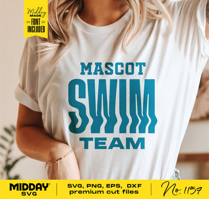 Swim team shirt design SVG with text 'Mascot Swim Team' in blue, suitable for Cricut and Silhouette, ideal gift for swimmers.