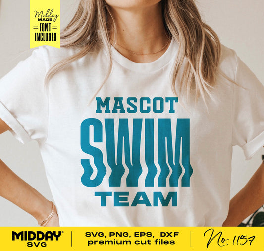 White t-shirt with blue 'Mascot Swim Team' design, suitable for Cricut and Silhouette cutting machines, SVG PNG DXF EPS formats available.