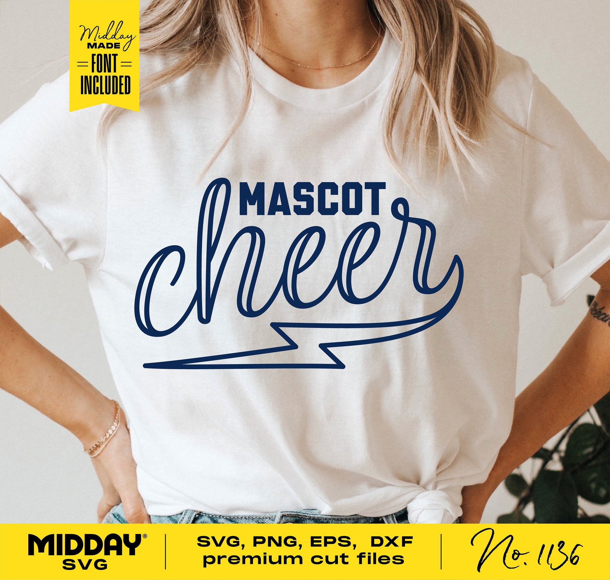 White t-shirt with 'Mascot Cheer' and lightning bolt design, ideal for cheer team shirt DIY projects. Font included, compatible with Cricut, Silhouette.