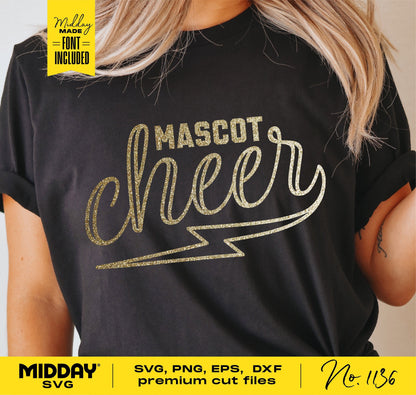 Cheer team shirt with 'Mascot Cheer' design in gold glitter, DIY SVG file for Cricut and Silhouette, includes downloadable font.