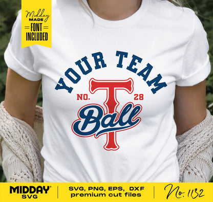 Woman wearing T-ball team shirt with "Your Team Ball" text, showcasing SVG, PNG, EPS, DXF cut file design for Cricut and Silhouette.