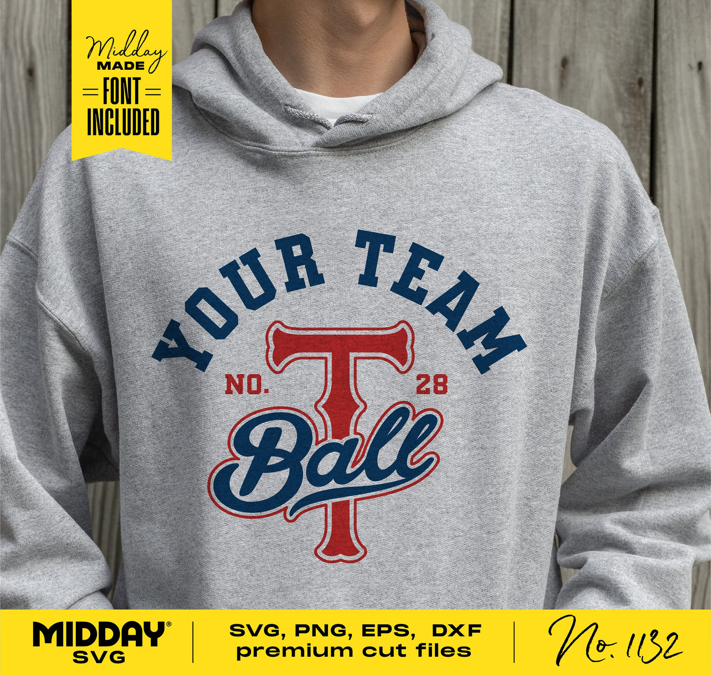 Gray hoodie featuring T-ball team design and font advertisement for SVG, PNG, EPS, DXF cut files. Ideal for Cricut and Silhouette users.
