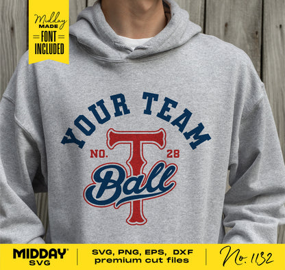 Gray hoodie featuring T-ball team design and font advertisement for SVG, PNG, EPS, DXF cut files. Ideal for Cricut and Silhouette users.