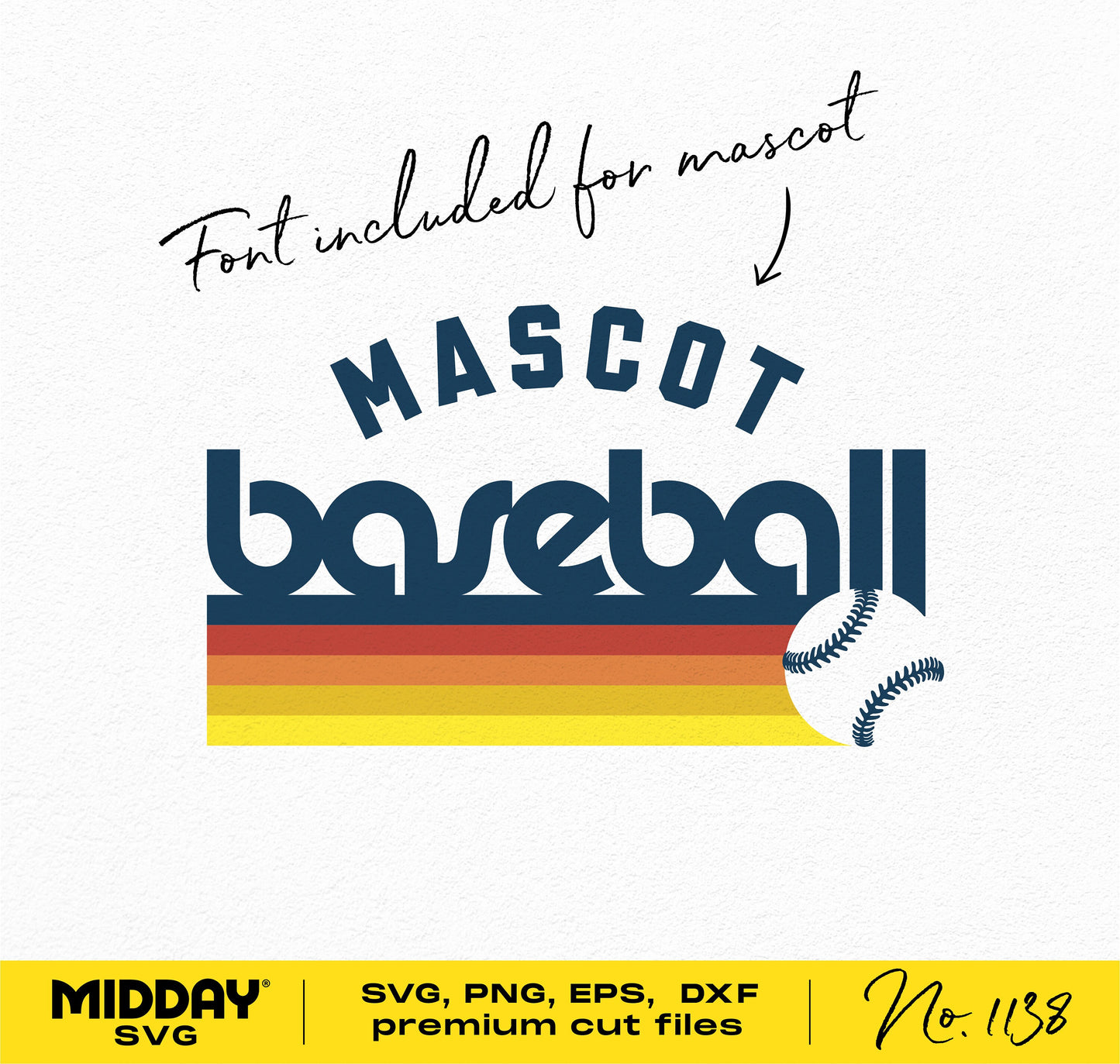 Vintage baseball mascot design SVG with included font, available in SVG, PNG, EPS, DXF formats for Cricut and Silhouette cutting machines.