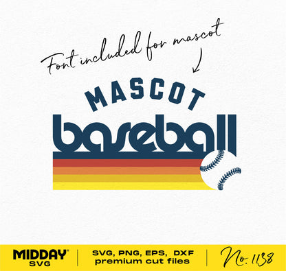 Vintage baseball mascot design SVG with included font, available in SVG, PNG, EPS, DXF formats for Cricut and Silhouette cutting machines.