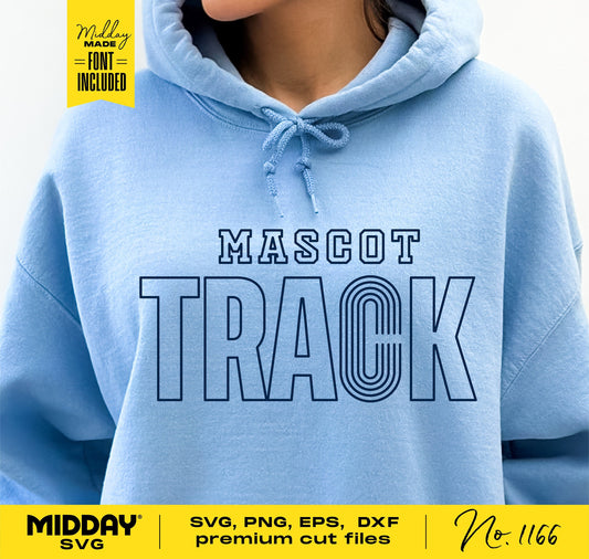 Woman wearing a blue hoodie with 'Mascot Track' design, suitable for Cricut and sublimation. SVG, PNG, EPS, DXF files included.