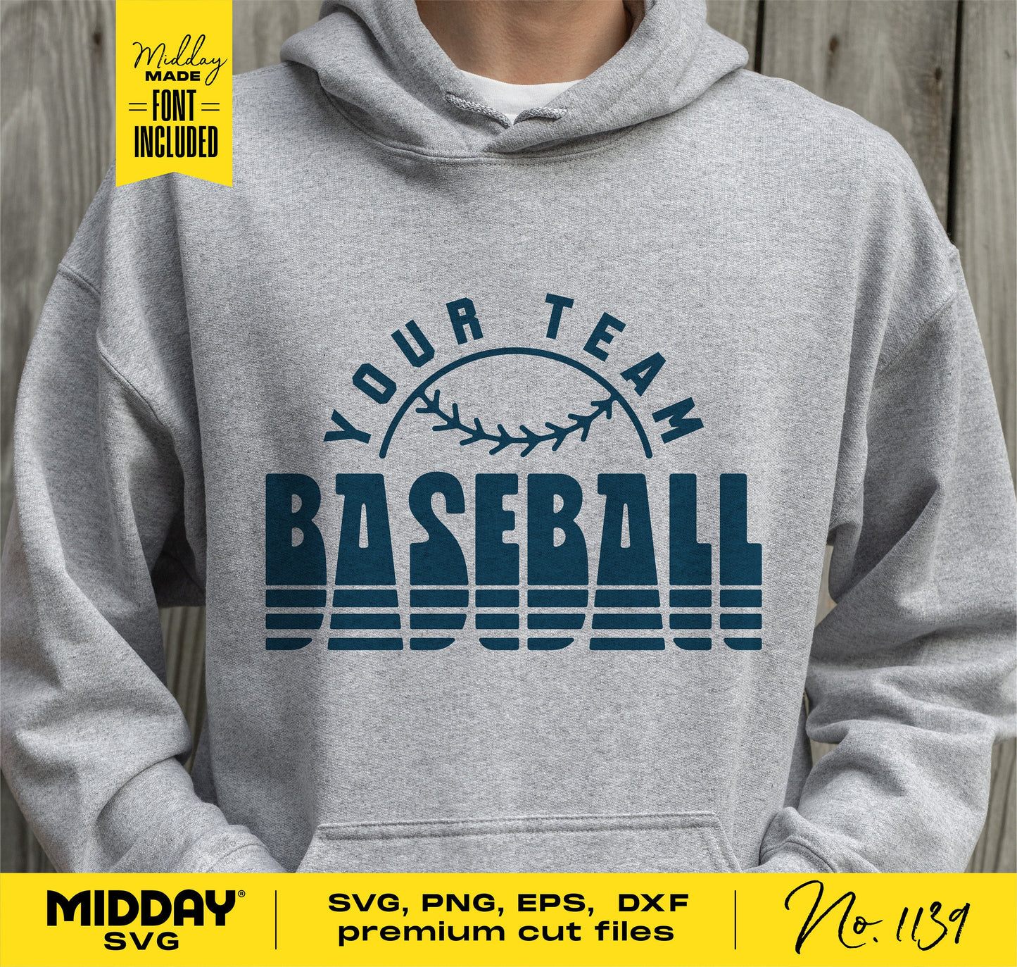 Gray hoodie with retro baseball logo design, Your Team Baseball, showcasing SVG cut files for Cricut and Silhouette.