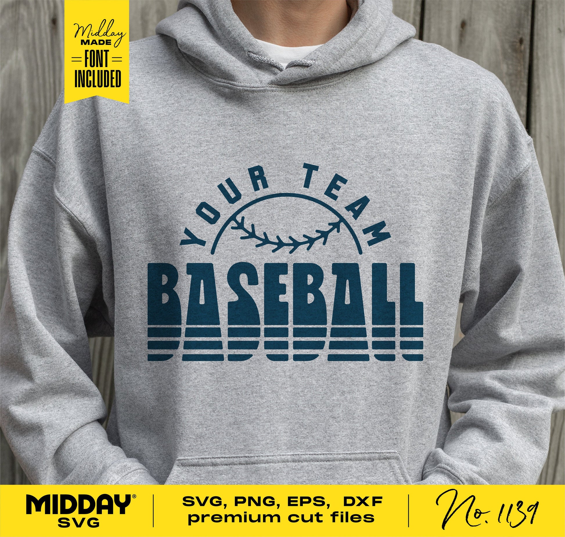 Gray hoodie with retro baseball logo design, Your Team Baseball, showcasing SVG cut files for Cricut and Silhouette.