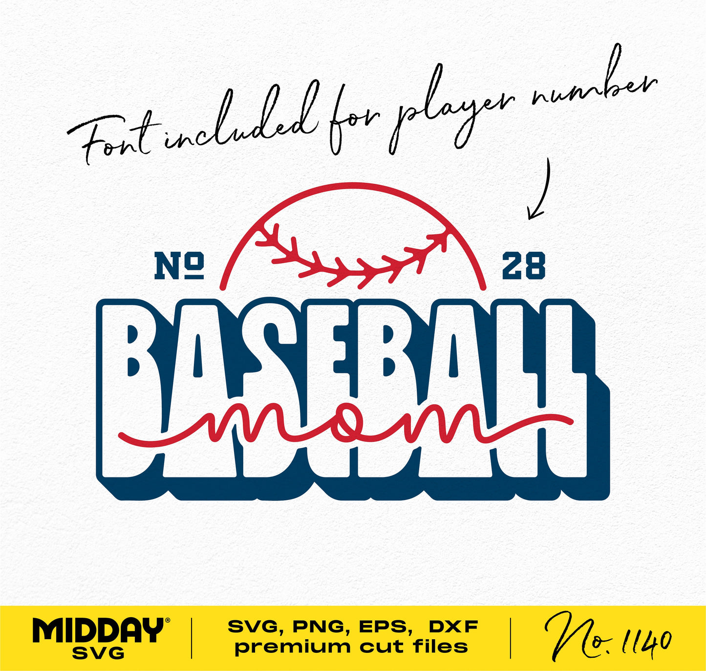 Retro Baseball Mom SVG design with player number font, ideal for shirts and crafts. Includes SVG, PNG, EPS, DXF files.
