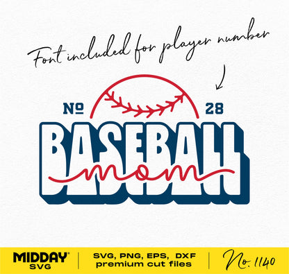 Retro Baseball Mom SVG design with player number font, ideal for shirts and crafts. Includes SVG, PNG, EPS, DXF files.