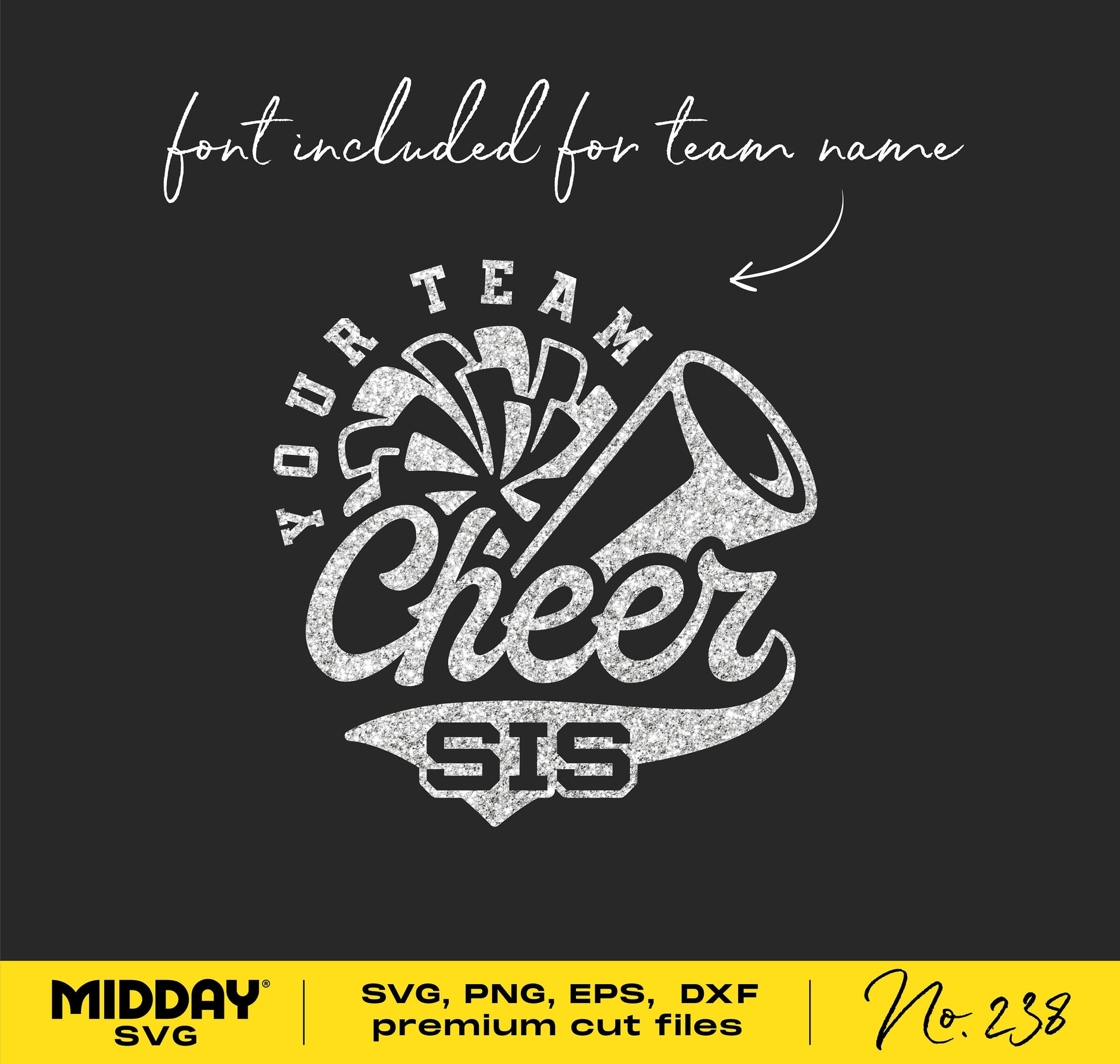 "Cheer Sister SVG with megaphone and pom pom design for Cricut and Silhouette cutting, includes team name font, premium cut files"