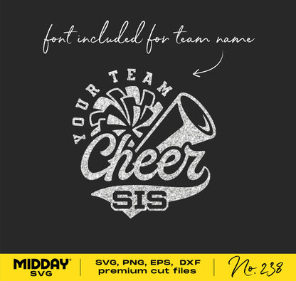 "Cheer Sister SVG with megaphone and pom pom design for Cricut and Silhouette cutting, includes team name font, premium cut files"