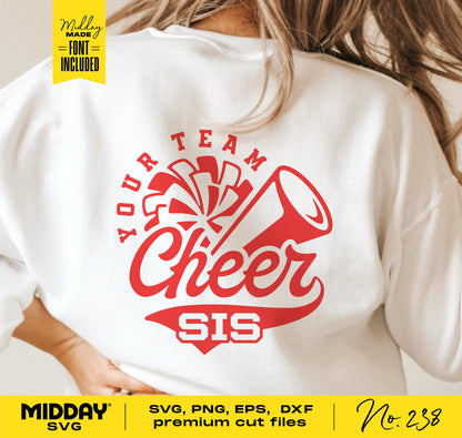 Cheer Sister SVG design on shirt with megaphone and pom-pom graphics, includes SVG, PNG, EPS, DXF files for Cricut and Silhouette.