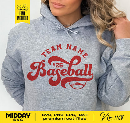 Gray hoodie featuring customizable 'Team Name Baseball #25' design in red, perfect for baseball moms and team apparel.