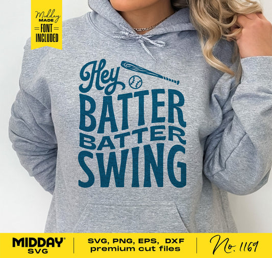 Funny Baseball Shirt Design with 'Hey Batter Batter Swing' Text, SVG PNG DXF EPS for Cricut and Silhouette, Perfect for Baseball Moms.