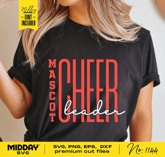 Custom cheerleader shirt design with "Mascot Cheerleader" text, SVG PNG EPS files, Cricut cut file for team shirts, No. 1144.