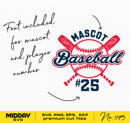 Editable baseball team SVG with player number and mascot design for Cricut and Silhouette.