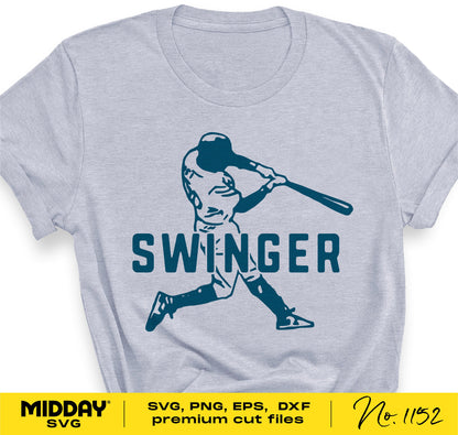 Swinger baseball shirt design in SVG, PNG, EPS, DXF for Cricut and Silhouette, featuring a batter silhouette for enthusiasts.