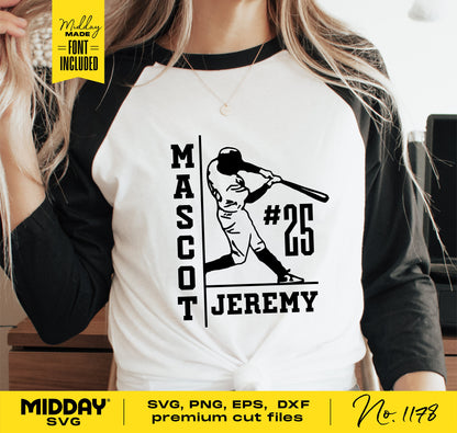 Woman wearing a baseball team shirt with custom player design template, showcasing mascot and player number with Cricut font options.