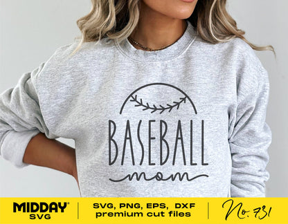Woman wearing gray sweatshirt featuring 'Baseball Mom' design, available in SVG, PNG, EPS, and DXF formats for Cricut and Silhouette.