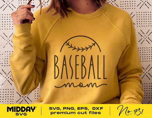 Yellow sweatshirt featuring 'Baseball Mom' design in black with baseball stitching. Ideal for crafting with Cricut or Silhouette.