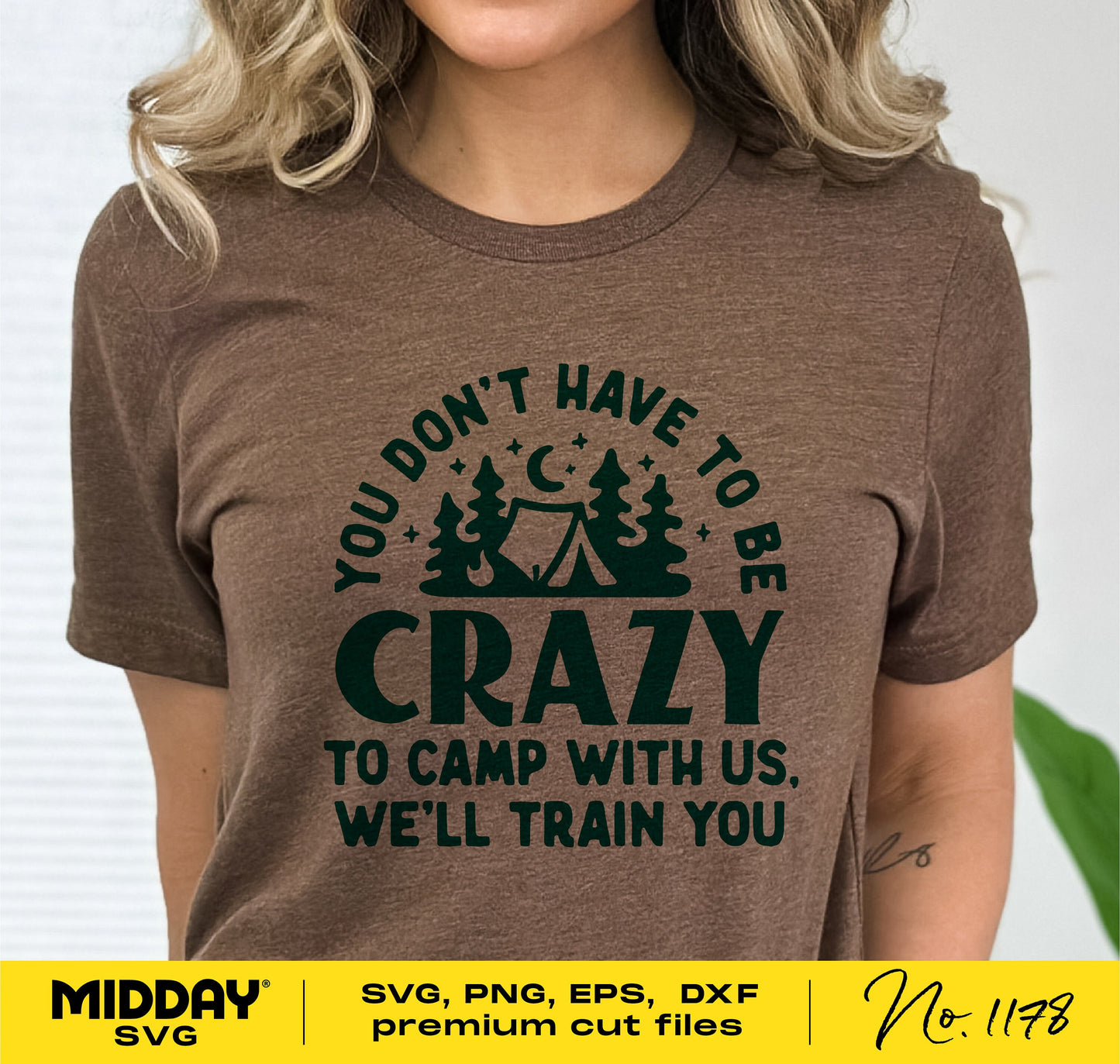 Brown t-shirt with green 'Crazy Camping Friends' design, featuring a tent and trees, suitable for Cricut and Silhouette crafting projects.