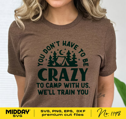 Brown t-shirt with green 'Crazy Camping Friends' design, featuring a tent and trees, suitable for Cricut and Silhouette crafting projects.