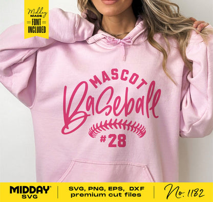 Pink hoodie featuring 'Mascot Baseball #28' energetic script design, SVG PNG EPS DXF template, ideal for baseball mom and team shirts.