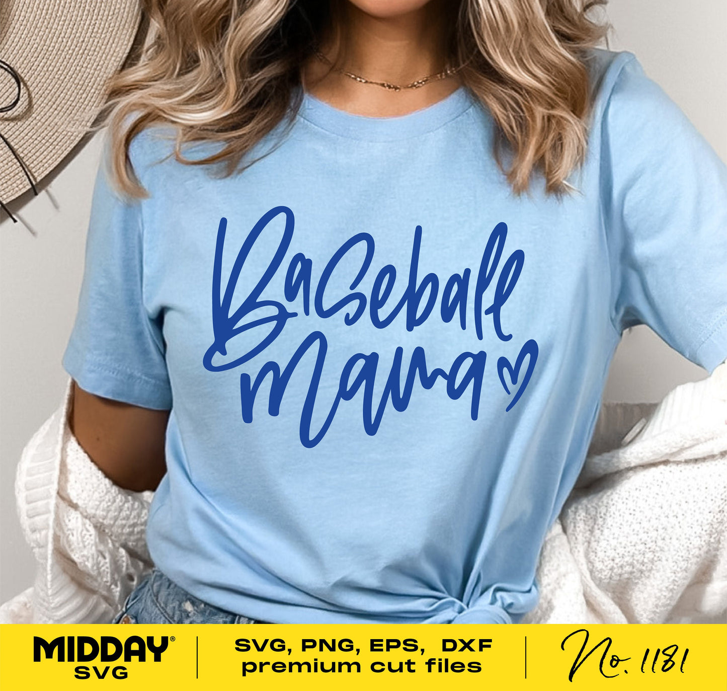 Woman wearing a light blue shirt with 'Baseball Mama' in energetic script, suitable for sublimation and tumbler wrap design.