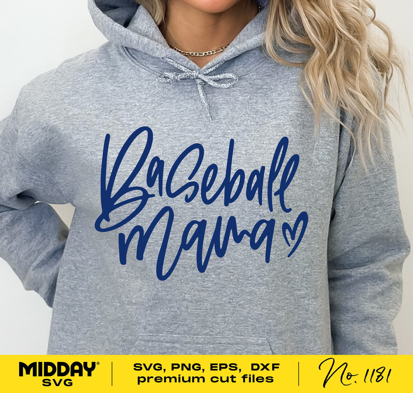 Baseball Mama SVG design on gray hoodie, energetic script style for baseball mom shirt, SVG, PNG, EPS, DXF formats