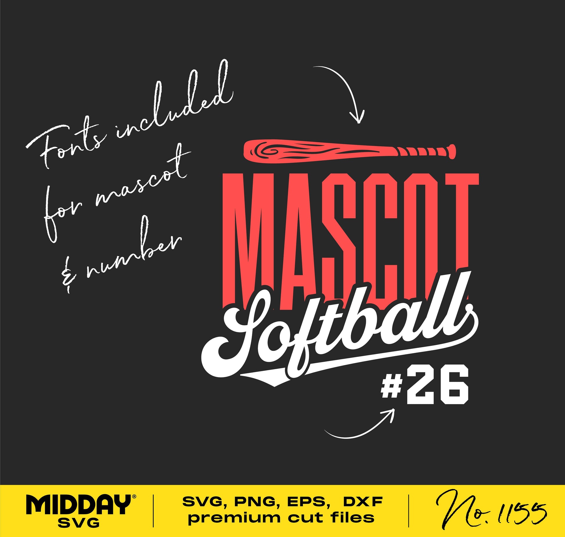 Softball team logo design with bat, mascot lettering, and number #26 in SVG, PNG, EPS, and DXF formats by Midday SVG.