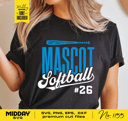 Woman wearing a black shirt with 'Mascot Softball #26' design, showcasing SVG, PNG, EPS, DXF premium cut files for Cricut and Silhouette.