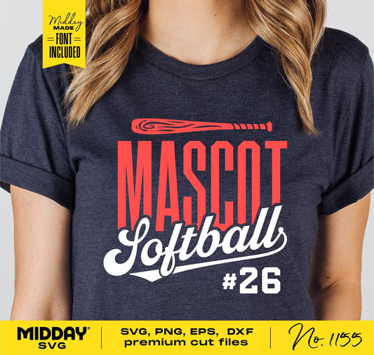Mascot Softball Team Shirt with Bat and Number Design in SVG, PNG, EPS, DXF Formats. Includes Premium Cut Files for Cricut and Silhouette.
