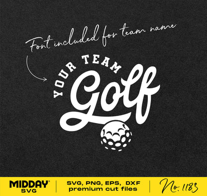 Golf team template with customizable font, featuring the text 'Your Team Golf' and a golf ball graphic. Ideal for DIY designs.