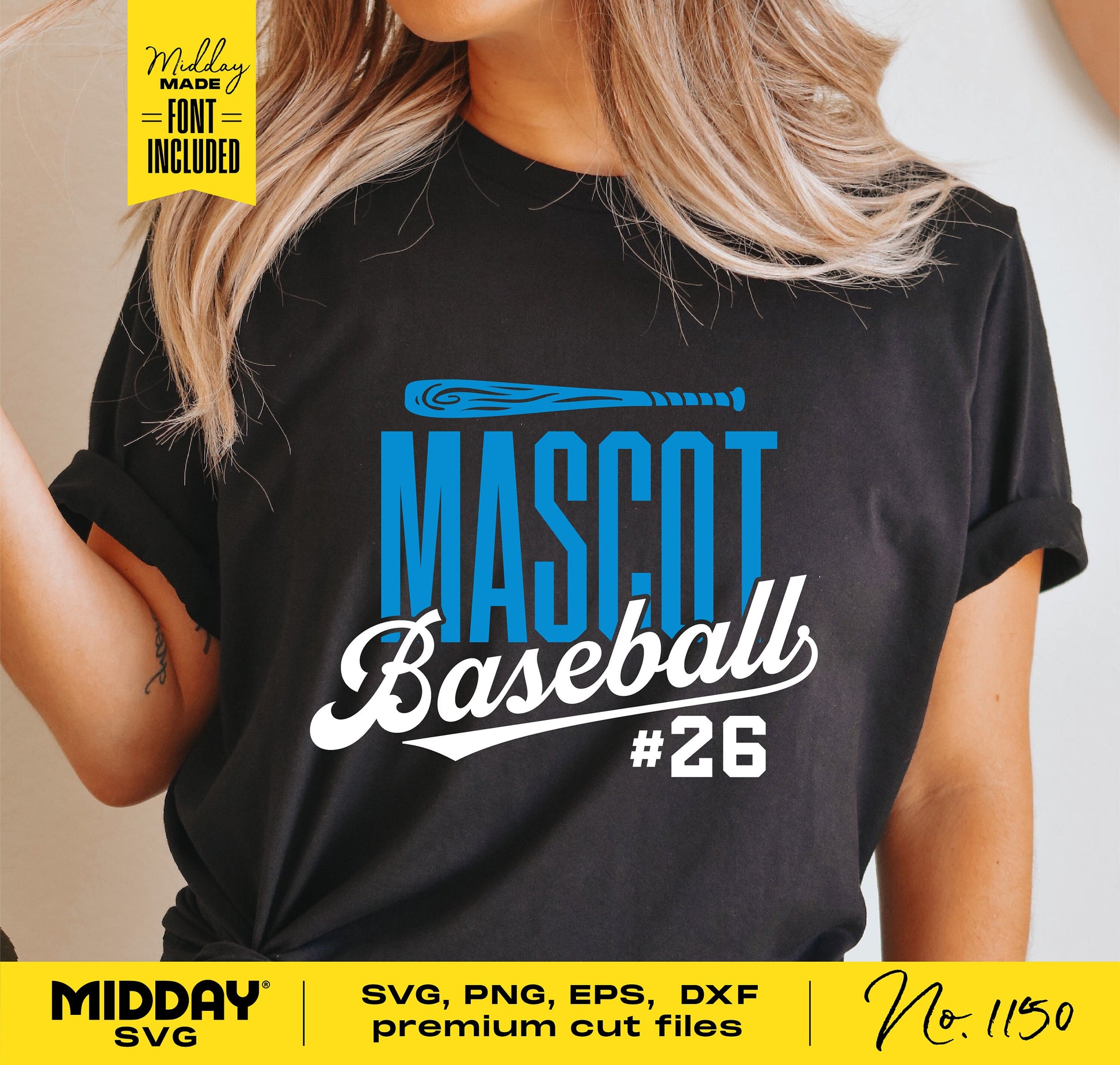 Black shirt with "Mascot Baseball #26" design in blue and white, suitable for Cricut and Silhouette, includes SVG, PNG, EPS, DXF files.
