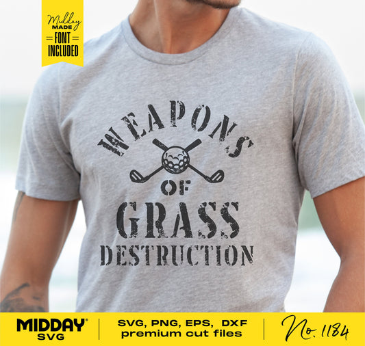 Man wearing a gray t-shirt with 'Weapons of Grass Destruction' golf quote, suitable for Cricut and Silhouette cutting projects.